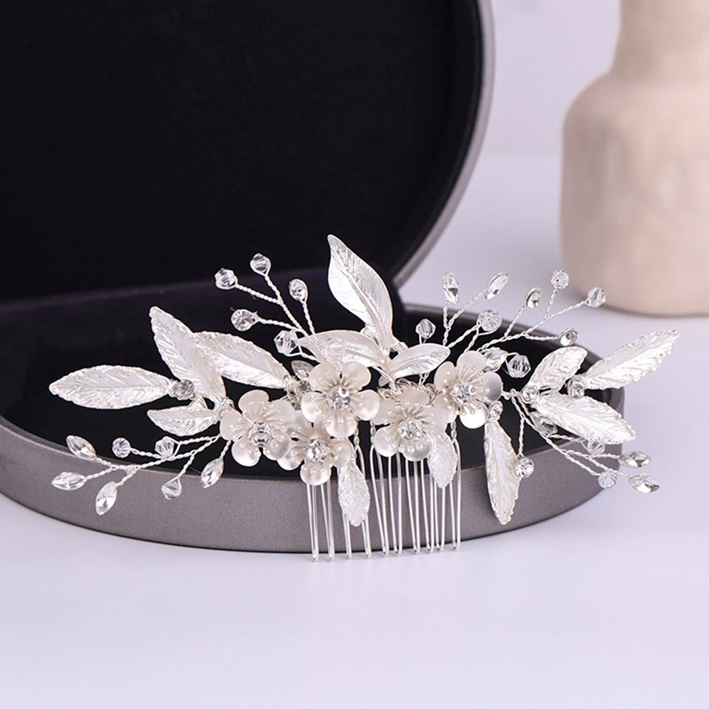 

Bridal Handmade Flower Hair Comb Silver Crystals Messy Bun Maker Pearls Hair Piece for Birthday Stage Party Hairstyle Making