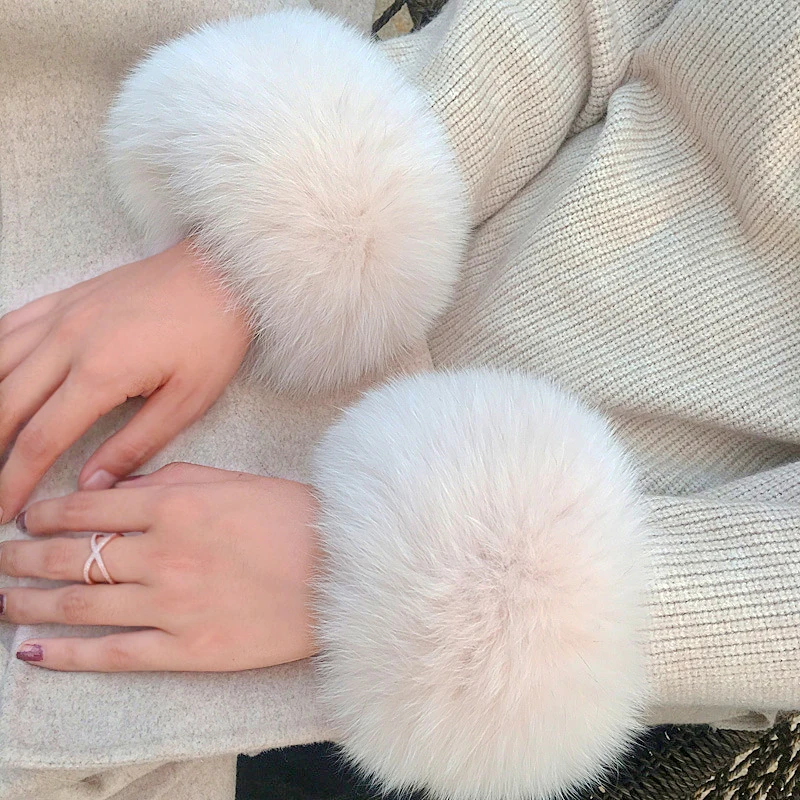 ผู้หญิงขนสัตว์จริง Cuffs แฟชั่นพับได้ Plush Soft Handband Fluffy Lap แหวน Fox Furry สร้อยข้อมือ Patting ห่วงแขนสายรัดข้อมือ ﻿