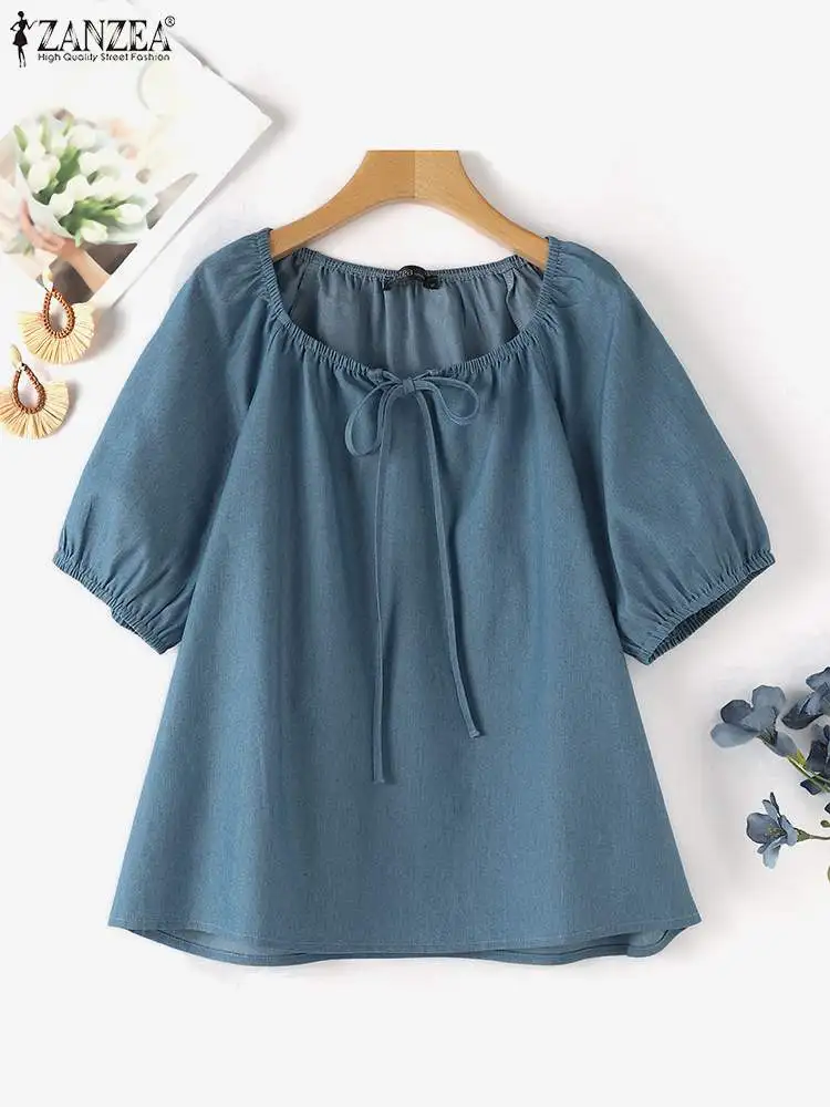 ZANZEA Women Summer Denim Blouse Korean Fashion Puff Short Sleeve Tops Casual Loose Solid Lace-up Tunics 2024 Casual Loose Blusa