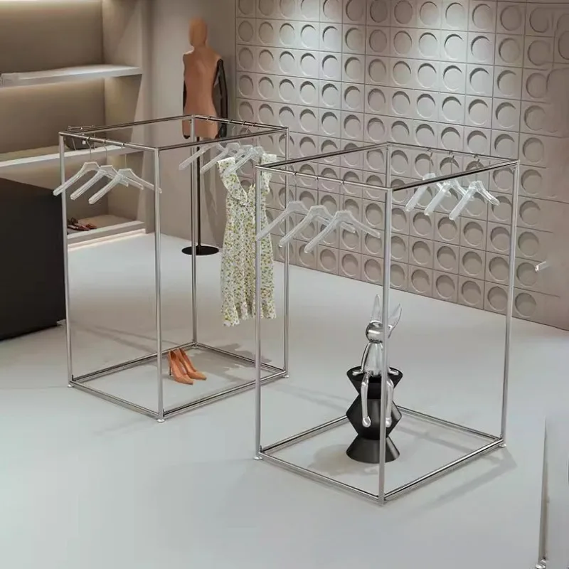 Stainless steel clothing store display rack, island display rack, square island shelf in the middle of the store, clothes rack
