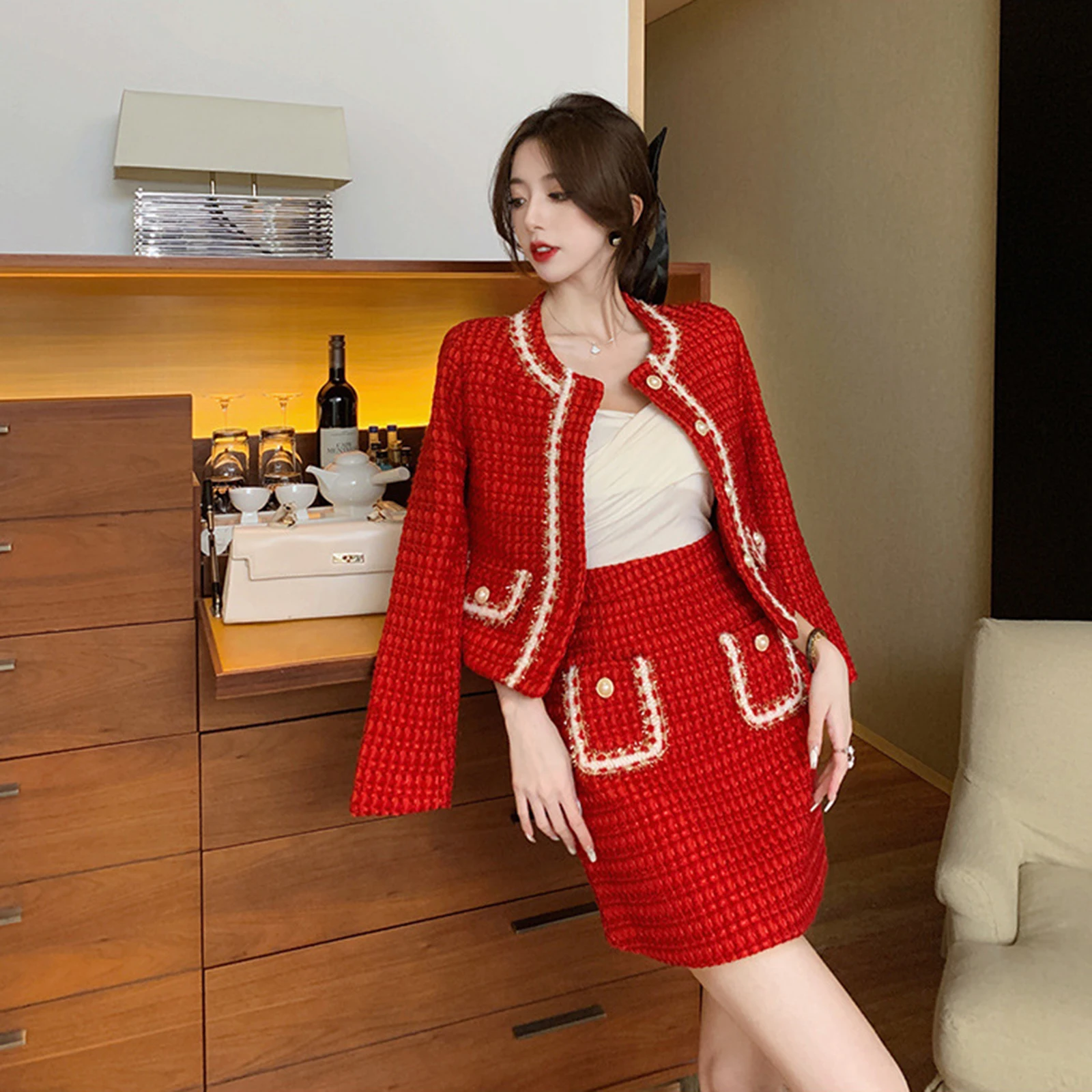 Small Fragrance Wind tweed Two Piece Set Women’s Red Temperament Outfit Cropped Coat+Mini Skirt Slim Fitting Elegant Suit Spring