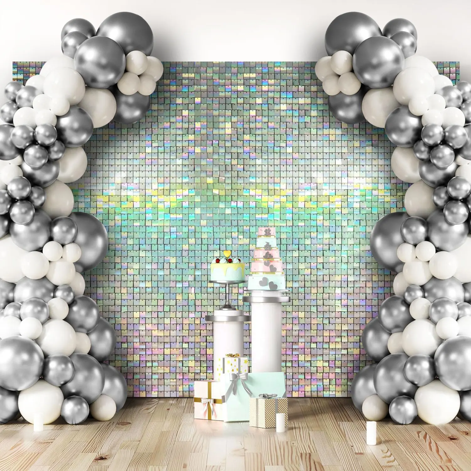 

36/49Pcs Mirage Silver Sequin Backdrop | Shimmer Photo Wall Decor for Wedding, Birthday & Bridal Shower | Reusable Party Panel
