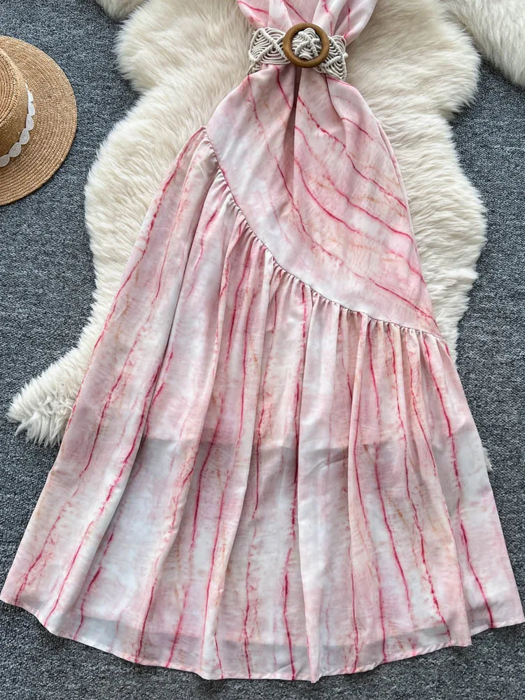 Faionable Holiday Dr Damen-Maxirock mit trägerlosem, asymmetrischem Druck, hohe Taille, A-Linie, Silhouette, Sommersaison, Polyester...