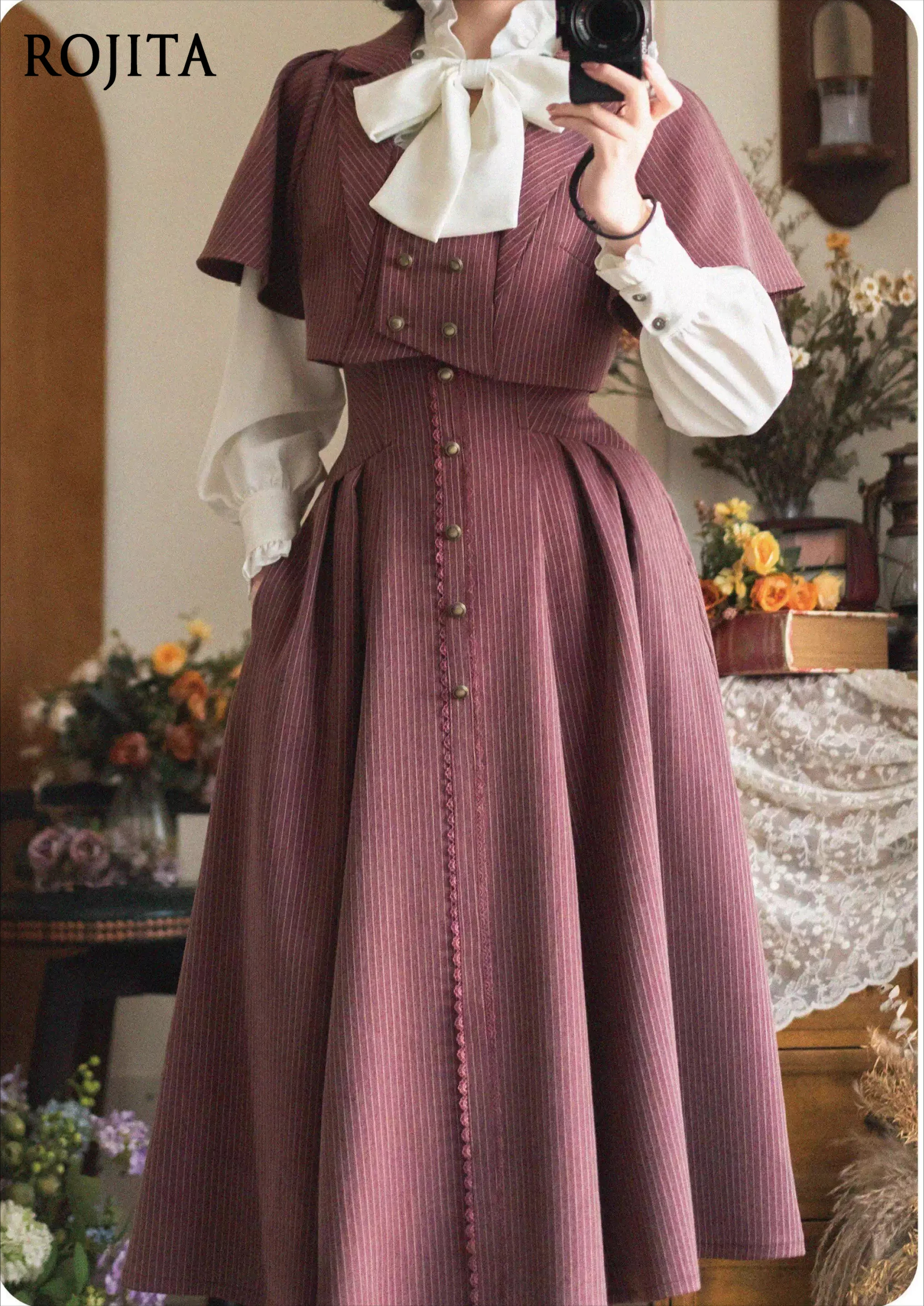 

Vintage British Waist-Cinching Fishbone Skirt Women Spring Autumn Stand Collar Ruffle Long Sleeve Shirt Elegant Short Jacket