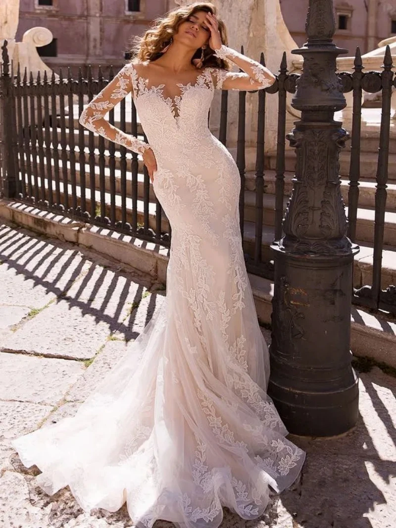 Precioso vestido De Novia con tren desmontable, cuello en V, mangas completas, Apliques De encaje, largo hasta el suelo