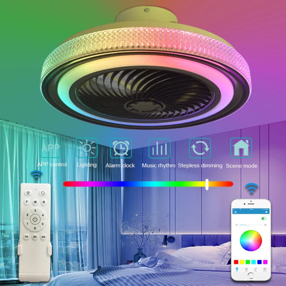 50CM Ceiling Fan RGB Light Remote Control Smart Bluetooth Speaker Chandelier Dimmable Direction Reversible Home Decorat Lighting