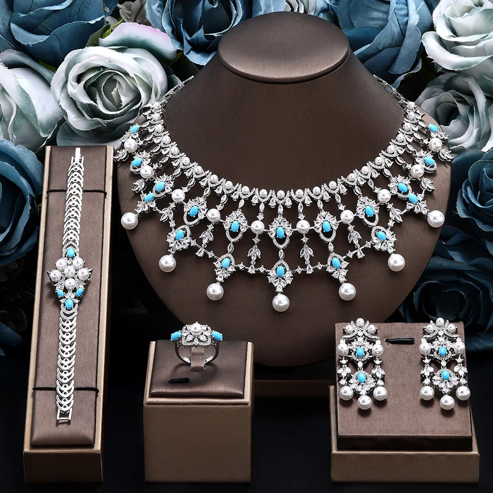 Luxury Pearl Turquoise Zircon Jewelry Set Women Full Paved Crystal Necklace Earrings Bracelet Ring Bridal Wedding Christmas Gift