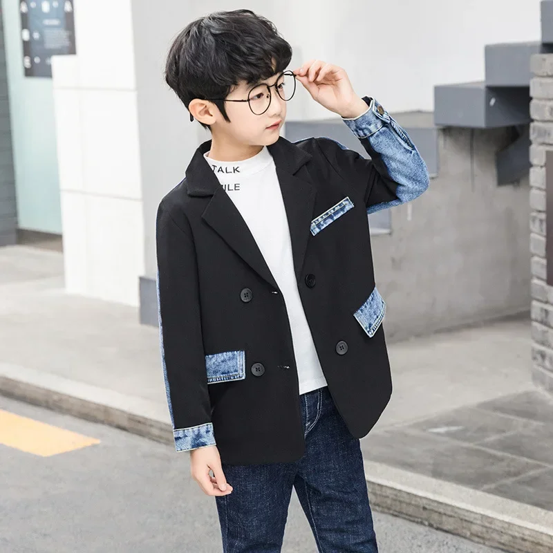 

New Children Autumn Jacket for Boys Denim Stitching Irregular Outerwear Tops Kids Teens Boy Spring Clothing Casual Coat 6 8 12 Y