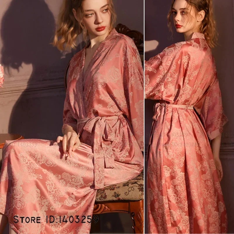 Chinese Style Jacquard Long Robe Nightgown Spring Summer Half Sleeve Kimono Bathrobe Gown Loose Casual Satin Sleepwear Homewar