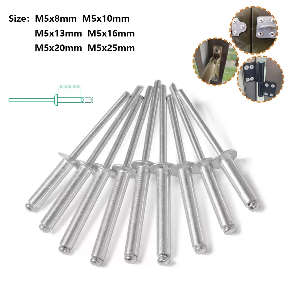 25-100Pcs Round Head Aluminum Blind Rivets M5, Open End Pops Rivets Steel Core Fasteners Rivet Nails for Metal