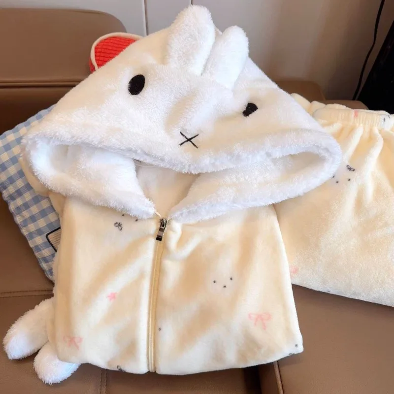Cartoon Kawaii New Style Plus Velvet Thicken Hooded Household Clothes Autumn and Winter Pajamas Sweet Soft Skin-friendly Miffy