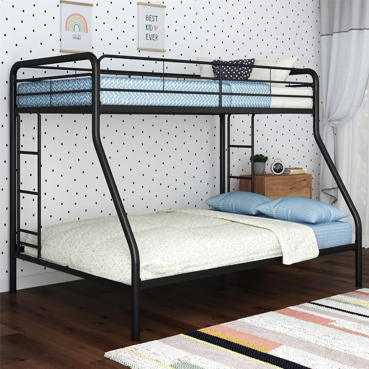 Metal Bunk Bed Frame for Kids Teens and Adults, With Angled Ladder High Full Length Guardrail Smooth Rounded Edges