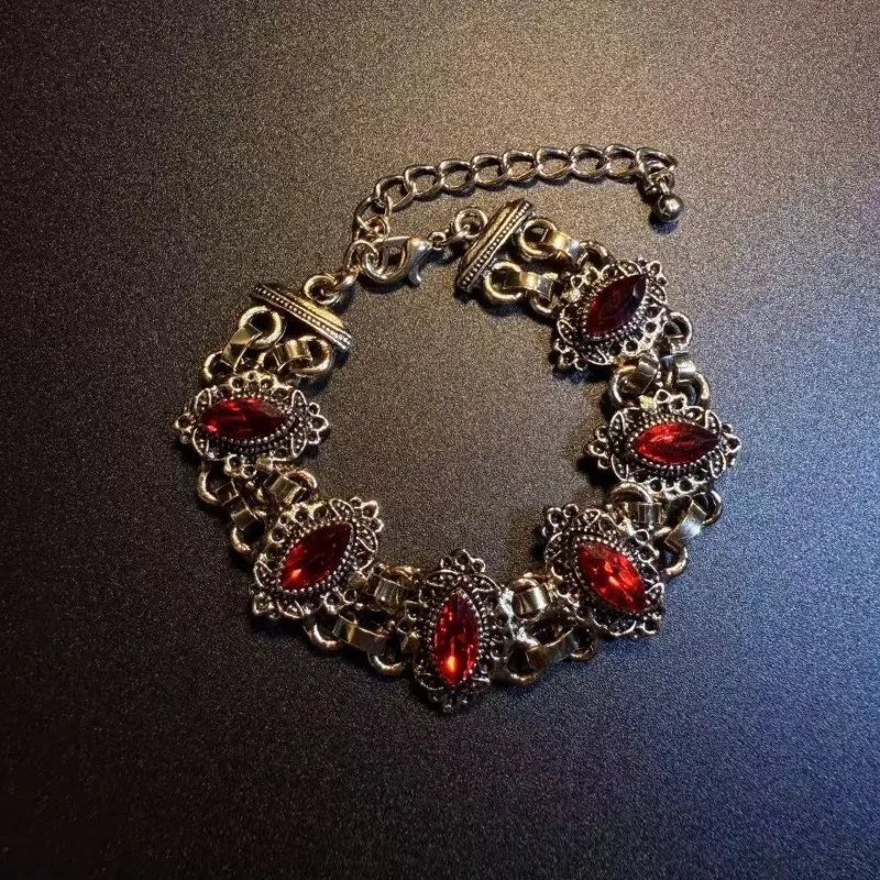 Vintage Antique Finish Red Marquise Zircon Bracelet for Women Bohemian Niche Design Statement Hand Jewelry Decor Bangle