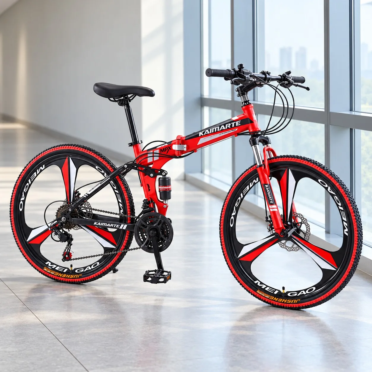 26 Inch Red 3-Spoke Wheel Folding Mountain Bike Dual Shock Absorption Disc Brake City Comfortable Student Bicycle Variable Speed