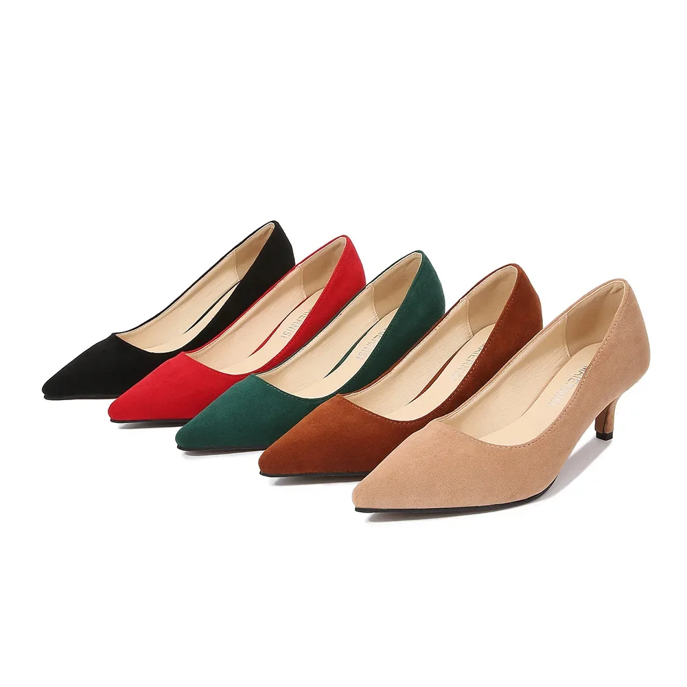 Low Heel Pumps Lady Pointed Toe Kitten Heels Female Green Flock Red Shoes Women High Heels