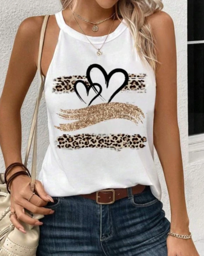 Women's Casual Loose Fit Tank Top Female Daily Clothing Tee Women Fashion Leopard Print Heart Pattern Heart Sleeveless T-Shirt