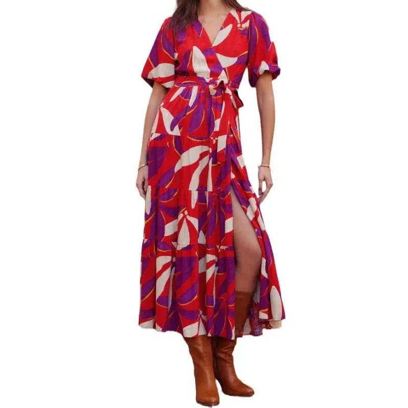 

2024 Europe and America Women's Clothing New Pattern Split V-Neck Short Sleeve Printing Sashes Midi Dress Women's Clothing