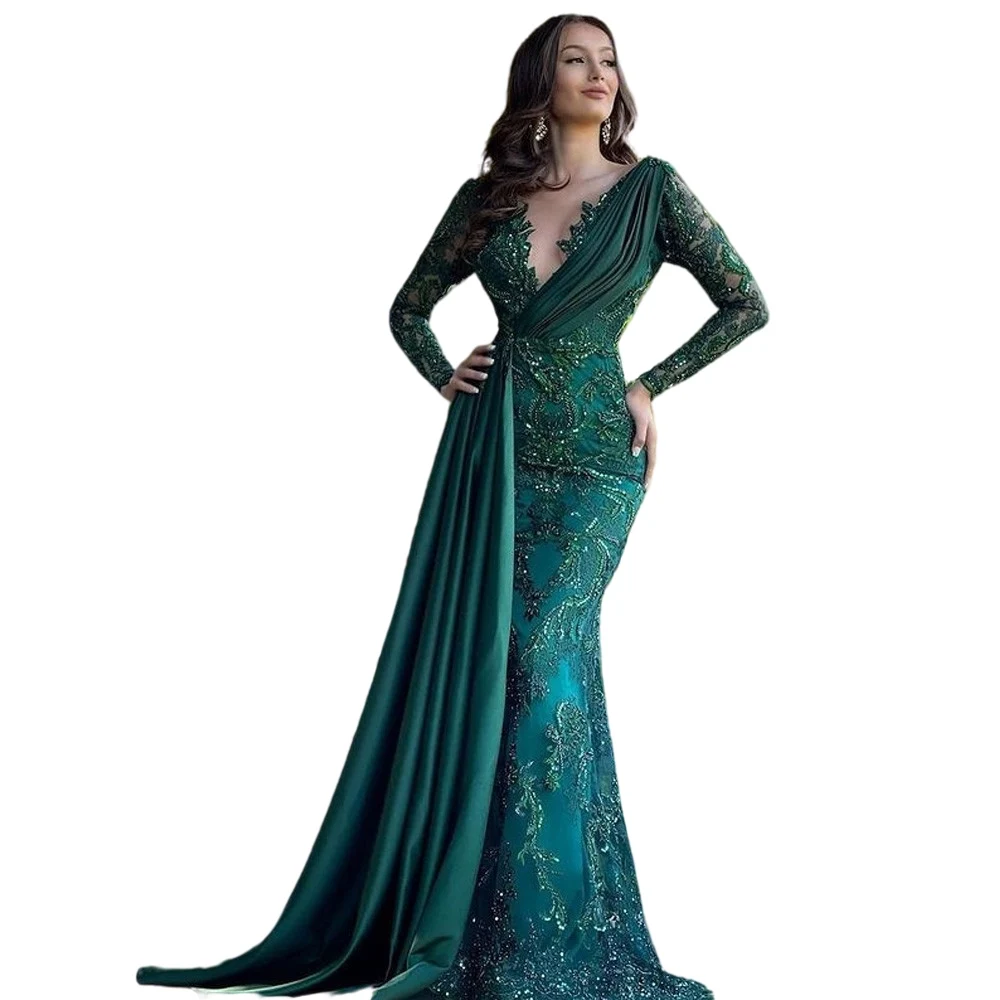 Customized   Mermaid Evening Dresses Arabic Luxury Beaded lace embroidery Elegant For Woman prom Party gown With Long Sleeves