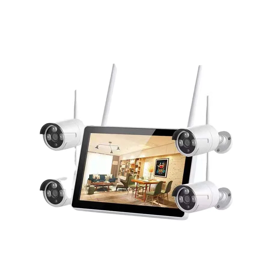 Sistem CCTV H.265 3MP Keamanan Rumah Luar Ruangan Nirkabel 4CH Tuya WiFi Nvr Kit Dengan LCD 10 inci