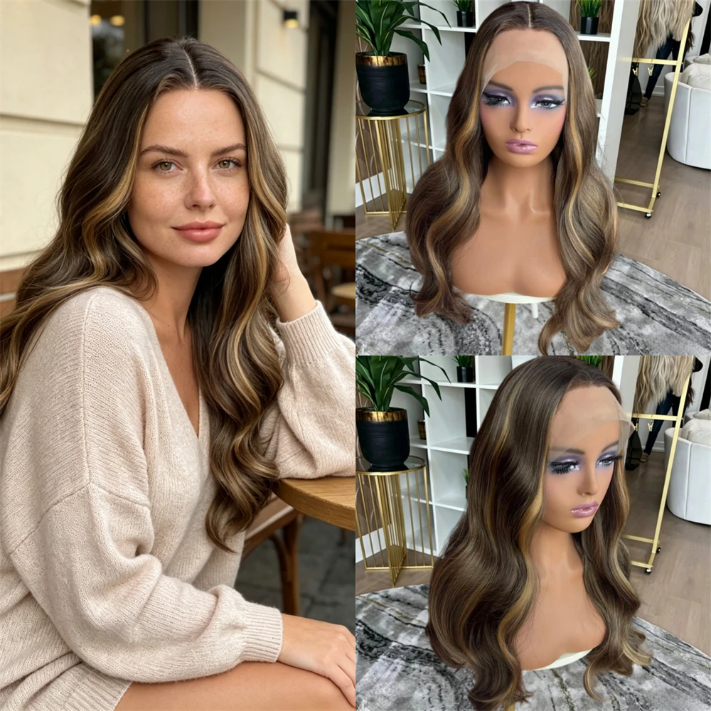 HD Invisible Transparent Lace Wig Synthetic Wig Ombre Brown with Honey Streaks Highlights Lace Front Wig Preplucked Hairline