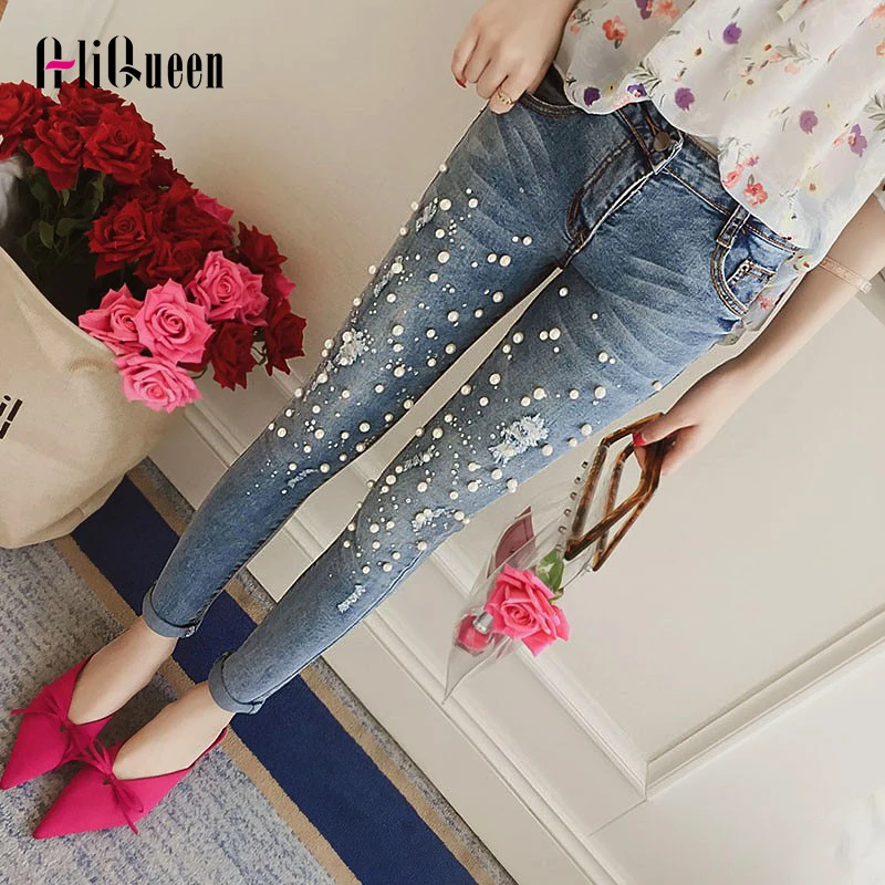 

High Waisted Women Vintage Blue Scratched Pearls Beading Jeans Woman Ankle-length Slim Stretch Denim Pant Streetwear Mom Jeans