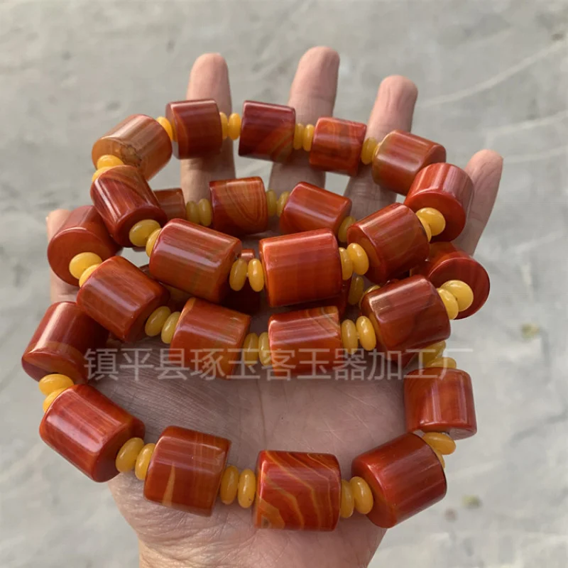 

Hong silk agate barrel , men's natural stone bracelet with wavy drum beads, Xuanhua Zhan Guo H