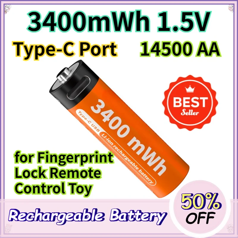 

1.5V 3400mWh High-Quality Type-C Port Rechargeable Li ion Battery AA Size for Fingerprint Lock Remote Control Toy