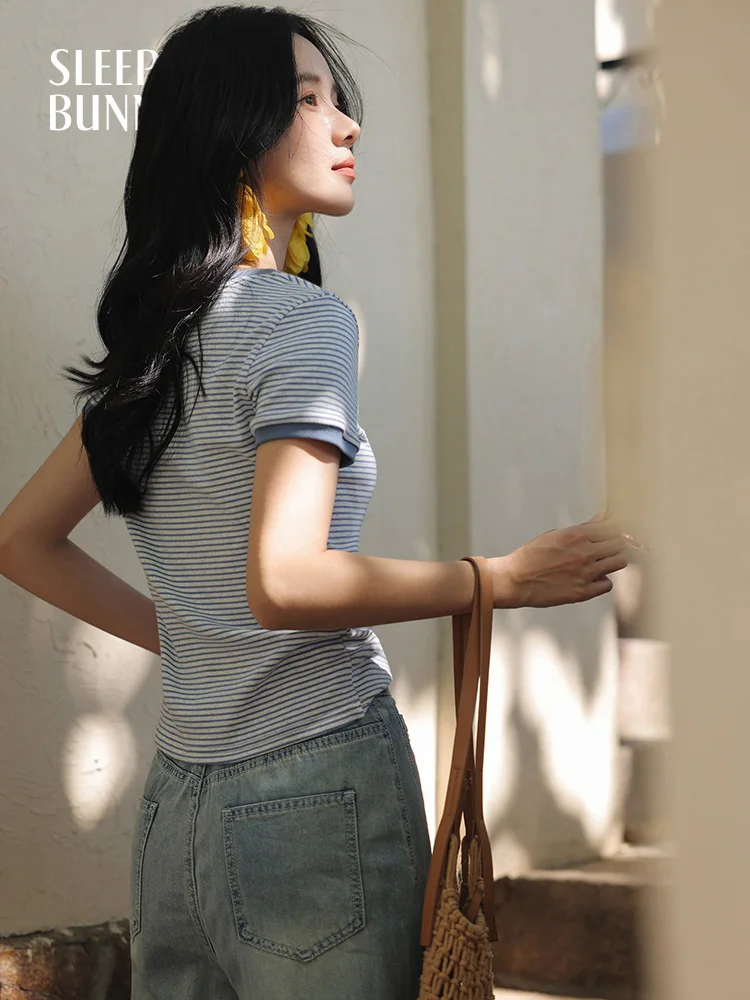 

Striped Slim Fit T Shirt Women Summer Contrast Crew Neck Short Sleeve Tee Casual Vintage Basic Top for Daily or Streetwear Look