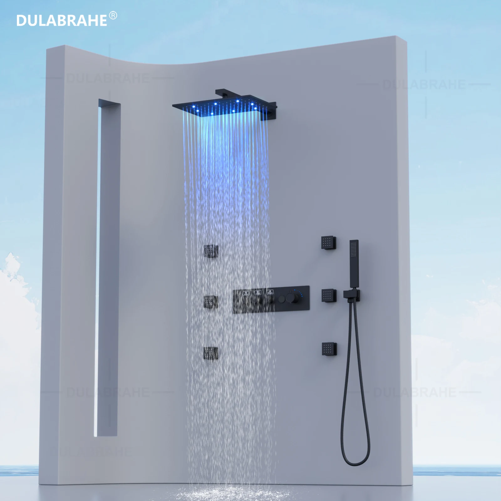 Black Wall Mounted 280*180mm LED Shower Head Bathroom Thermostatic Digital Display LED Shower Faucet Set