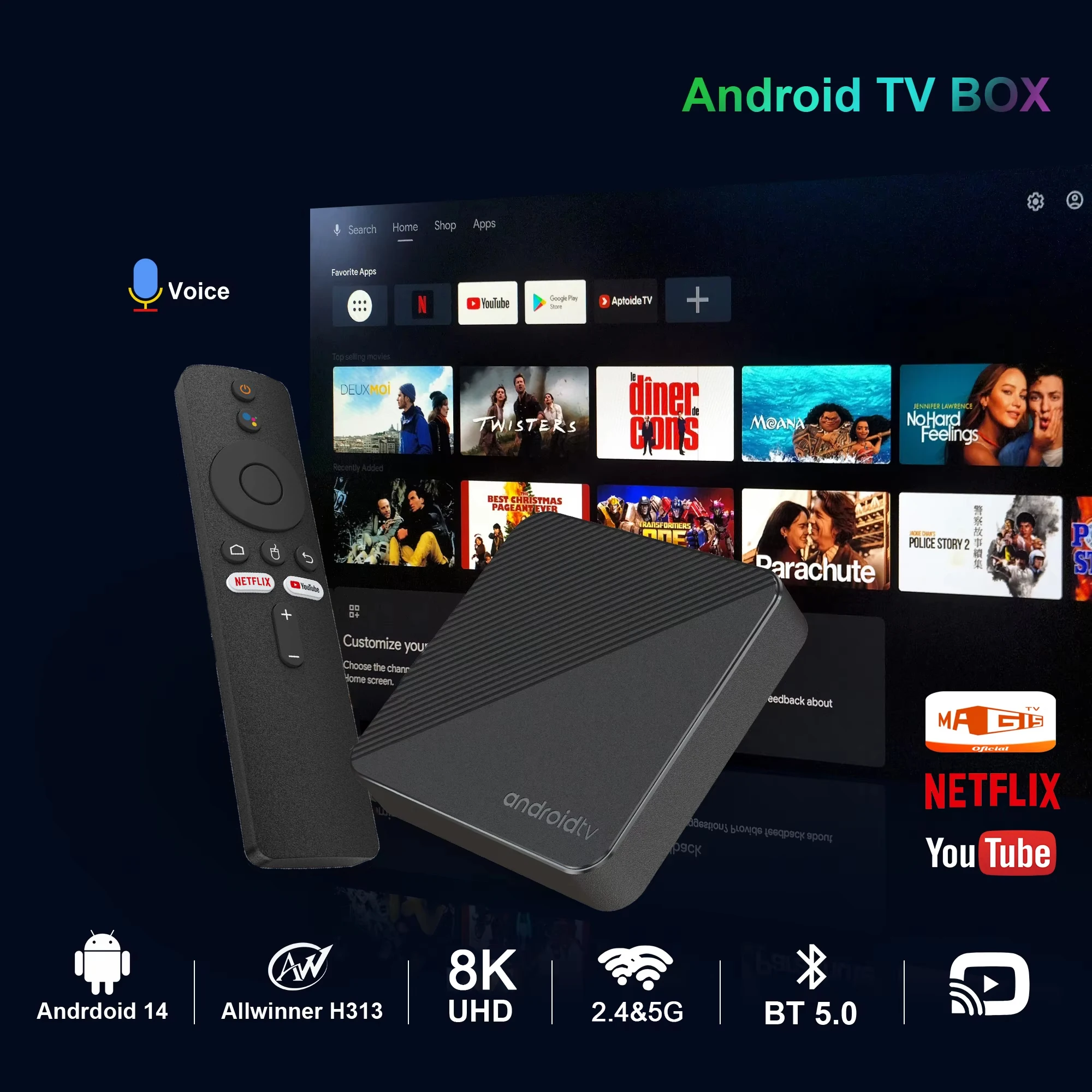 Android TV Box T8 Android 14 ثنائي النطاق WiFi 2.4G/5G 4GB RAM 64/128GB ROM Allwinner H313 8K 3D Google Voice Media Player TV Box
