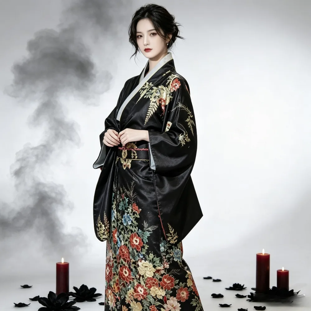 Dunkler Gothic-Yukata-Kimono aus Satin für Damen, Übergröße, Nachtwäsche, Bademantel für Lounge, Spa, Themenparty, Halloween, Cosplay