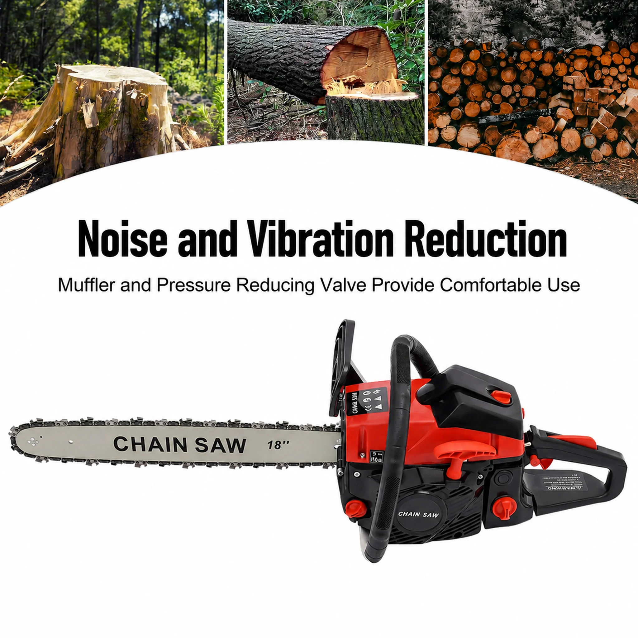 58cc Chainsaw 2-Stroke 2.2kW Gas Powered Chain Saw 18 Inch Guide Bar Handheld Cordless Wood Cutting Tool for Tree Trimming Farm Garden Logging with Anti-Vibration System & Safety Brake
