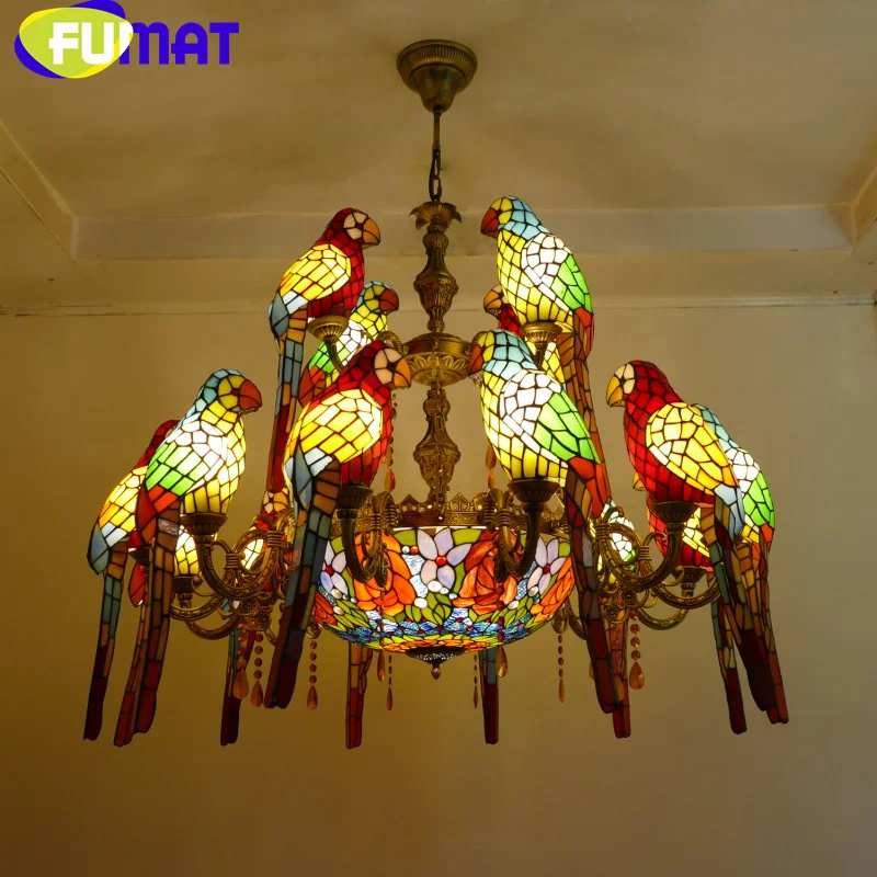 FUMAT Tiffany style stained glass American vintage rose parrot Pendant lamp Dining Room Hotel chandelier villa LED decor