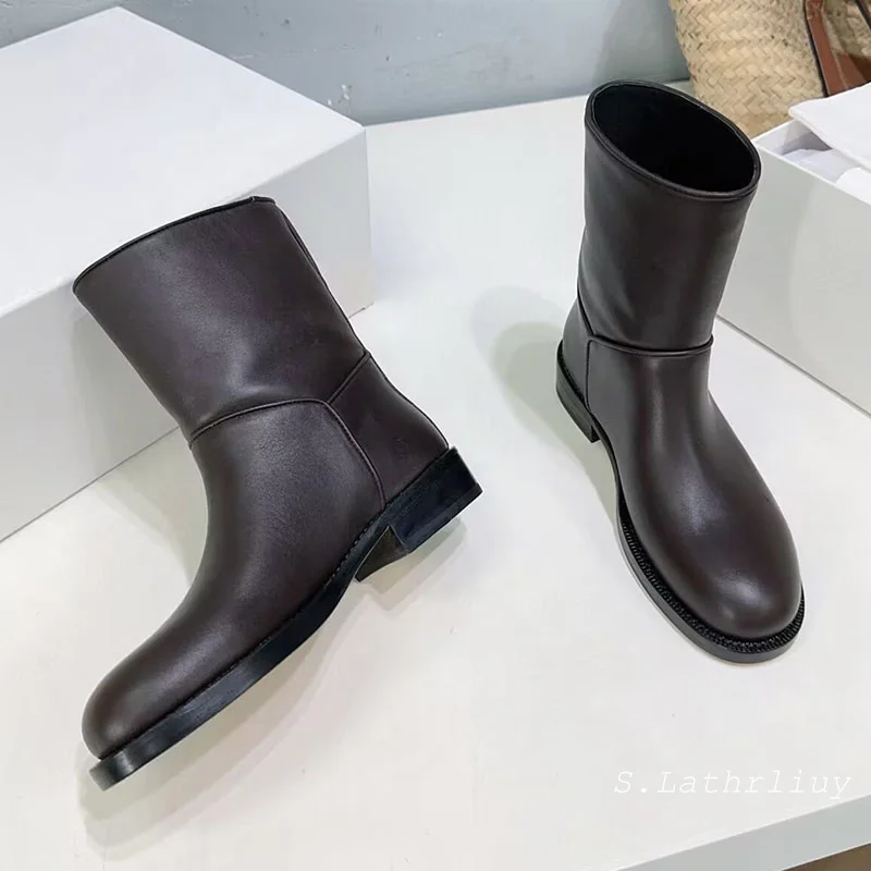 

Женские рыцарские сапоги с круглым носком в британском стиле, сапоги до середины икры из натуральной кожи на толстой подошве, универсальные одинарные ботинки Four Seasons