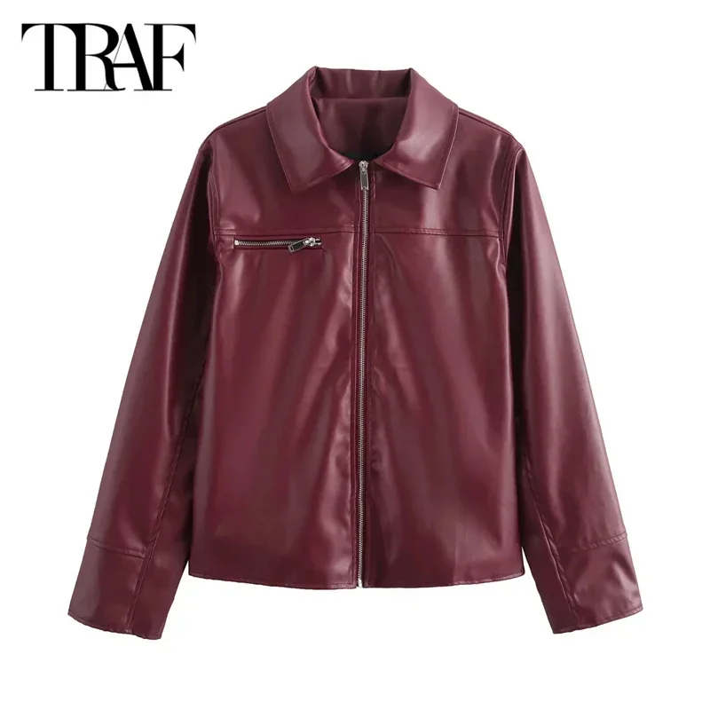 TRAF Women Fashoin Faux Leather Jacket 2024 Women Autumn Winter Long Sleeve Burgundy Jacket New in Outerwears Streetwear Coats