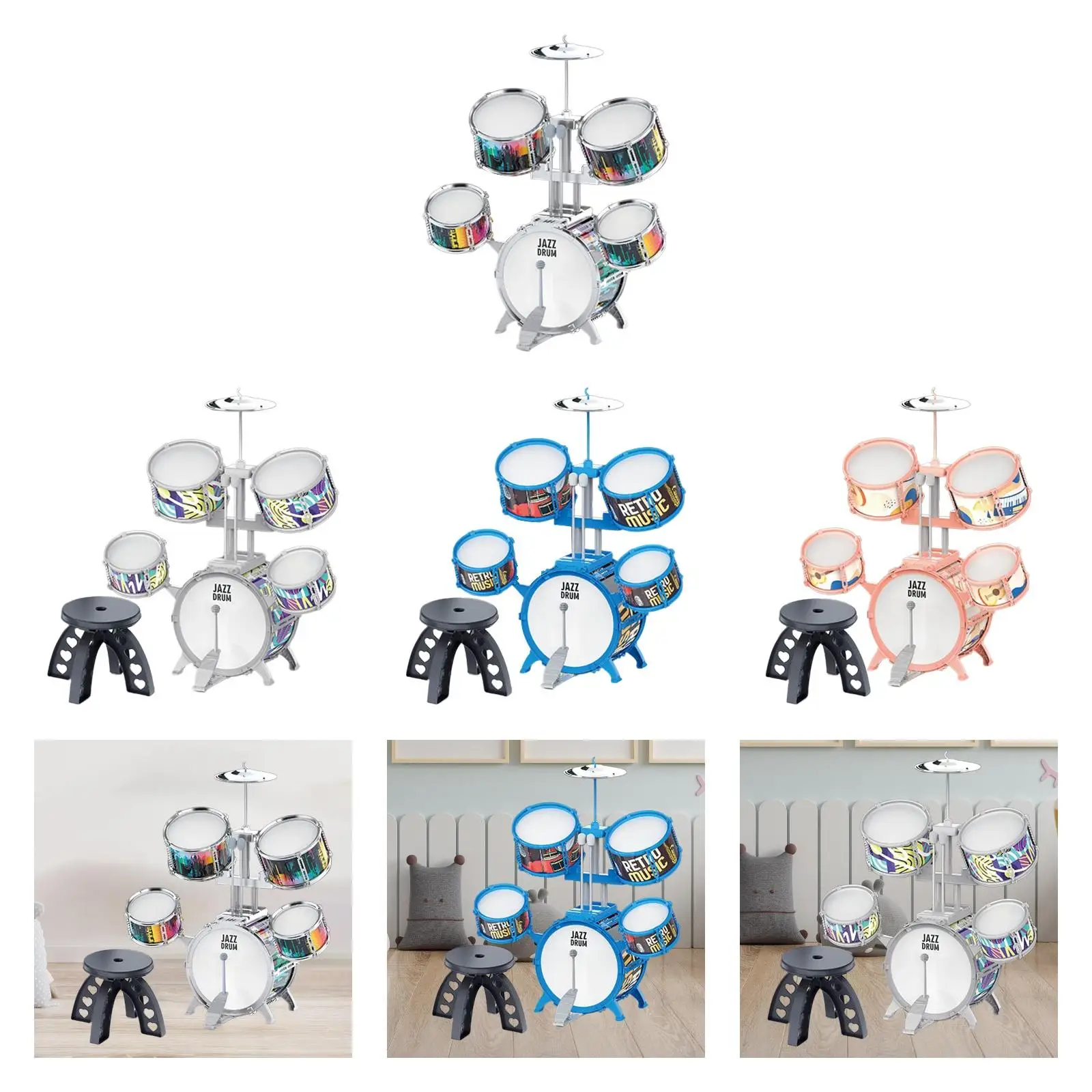 

Kids Drum Set PVC with Drumsticks Stool for Boys Girls Children Aged 4 to 14