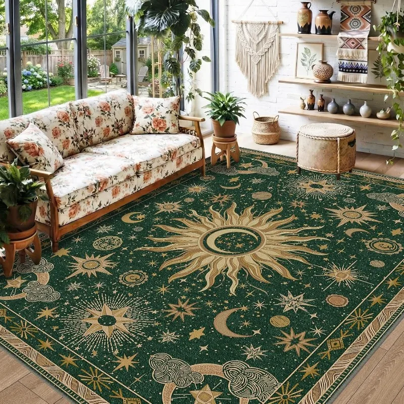 Vintage Bohemian Carpet Sun Moon Star Pattern Dreamlike Floor Area Rug for Living Room Bedroom Decor Soft Non-Slip Floor Mat