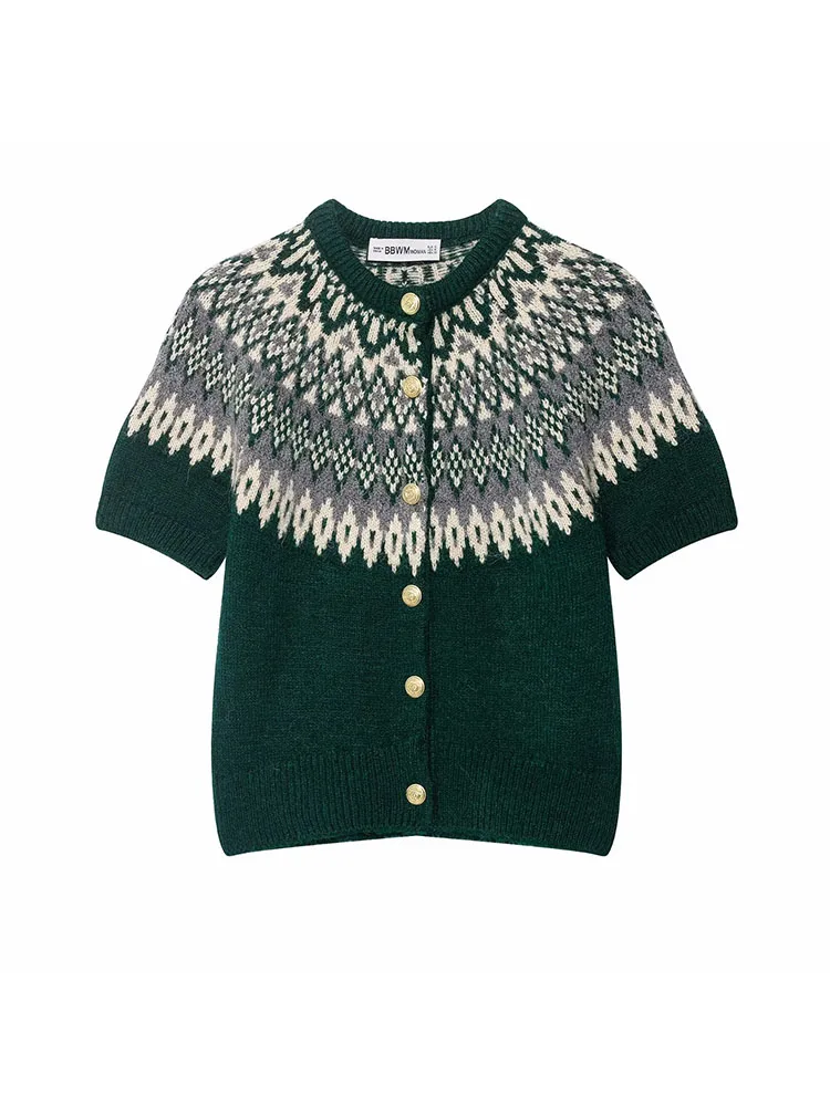 

Women Autumn Winter Jacquard Knitted Cardigan For Women Single Breasted Short Sleeve O Neck Short Autumn Sweater Outerwear