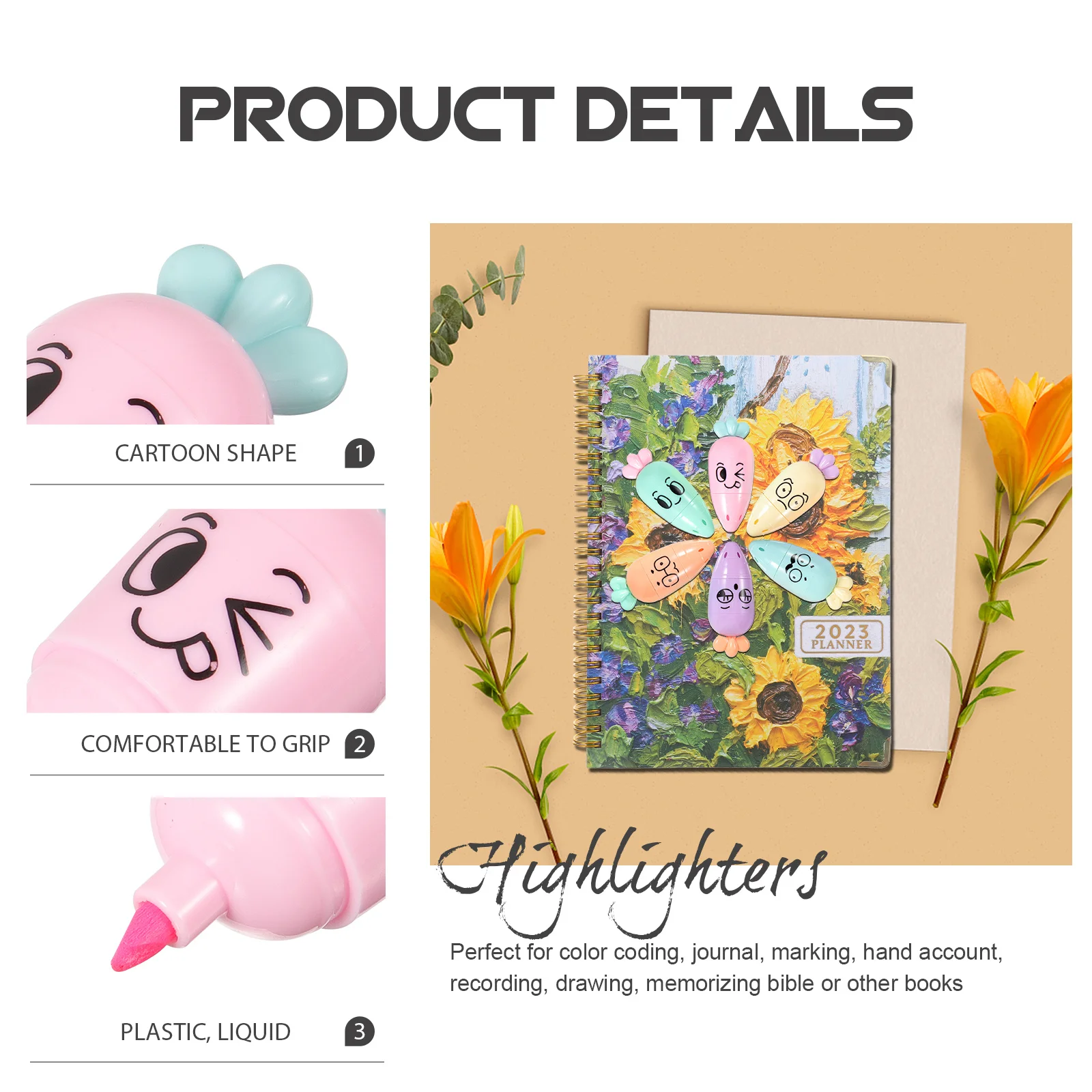 

Набор из 6 компактных маркеров с мультяшным дизайном, для плавного письма, с удобным захватом, портативные, для студентов и школы, многофункциональные ручки для пометок