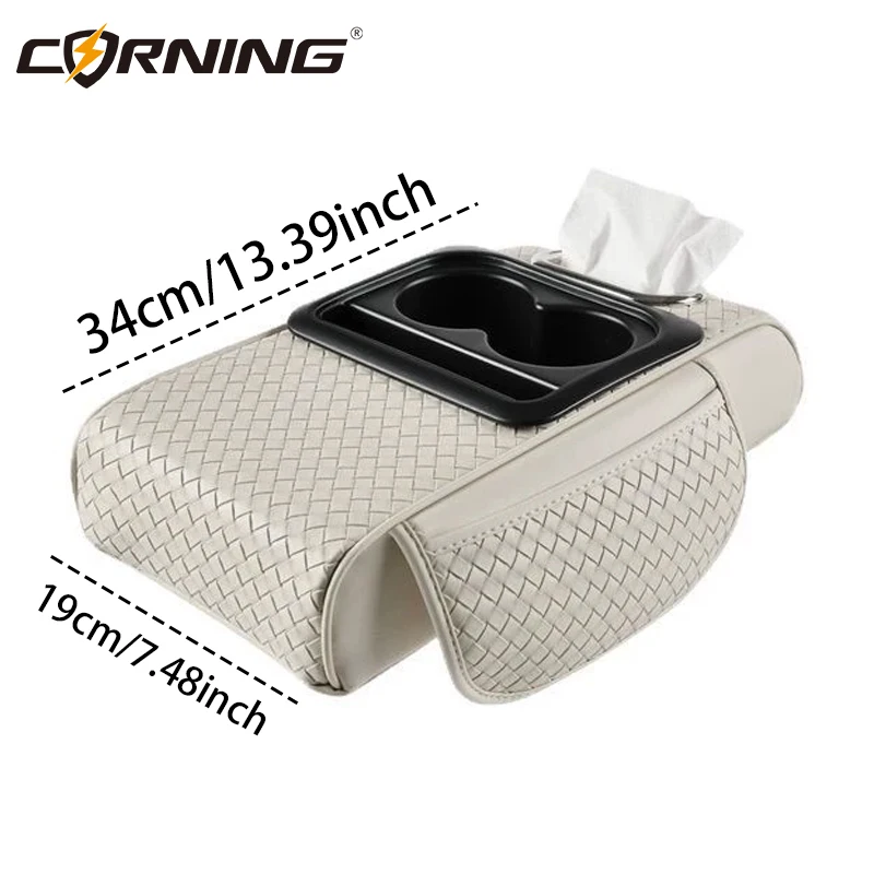 Car Armrest Pad PU Leather Car Center Console Armrest Cushion 7.5CM Thicken Height Elbow Support Pad With Cup Holder Tissue Box