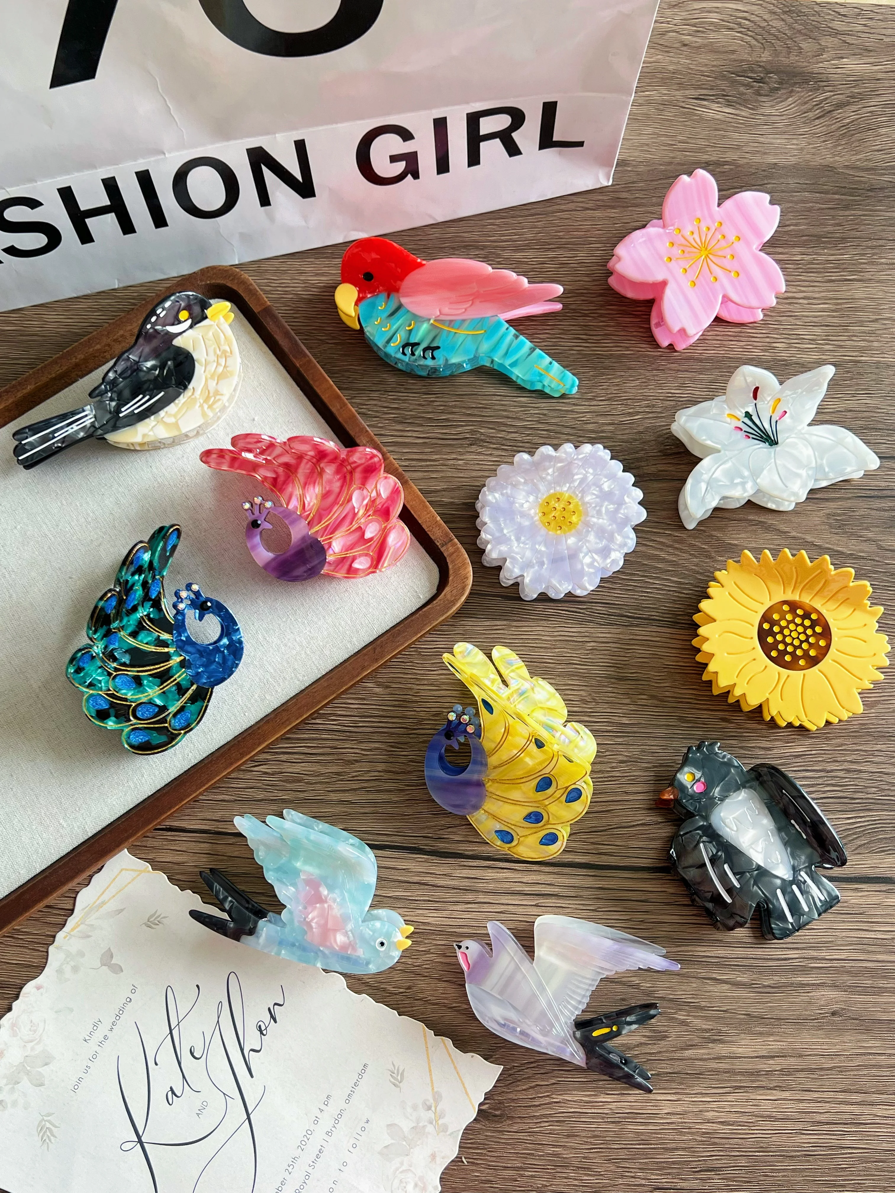 

Bird and Flower Claw Hair Clips. Unique and casual summer family style. Acetate, handmade. High - quality. Fashion - trendy.