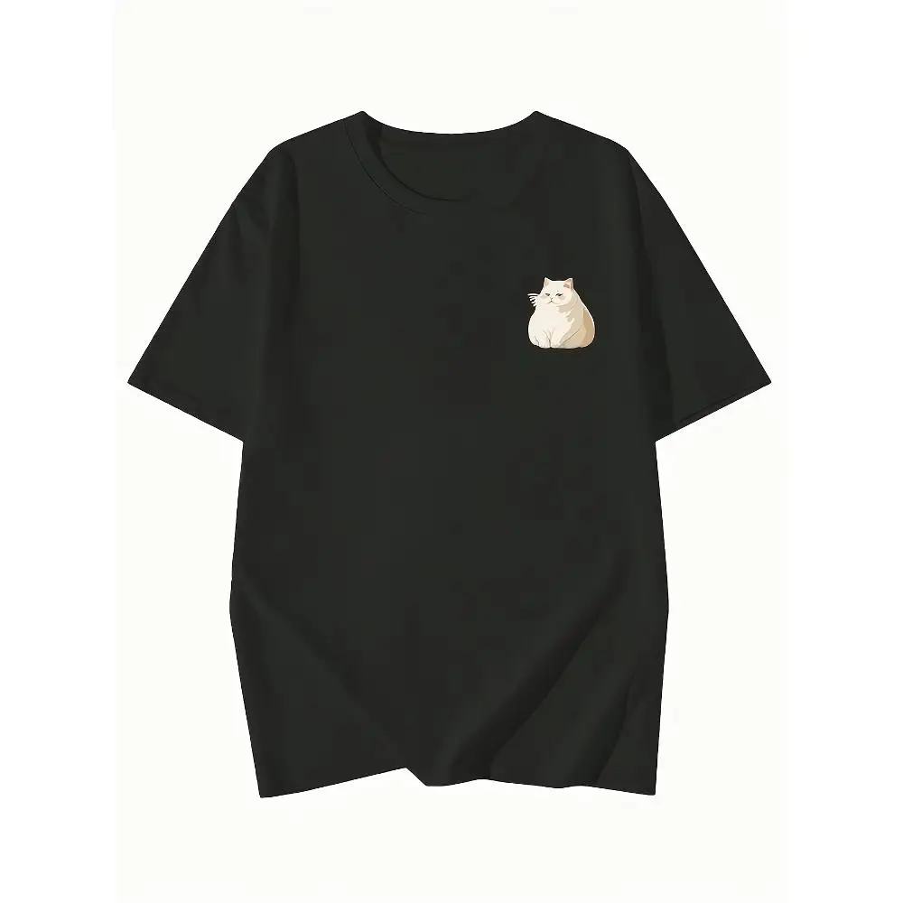 Men's Y2K Style Cute Chubby Cat Japanese Character Graphic T Shirt Black Casual Short Sleeve Regular Fit Round Neck All Season
