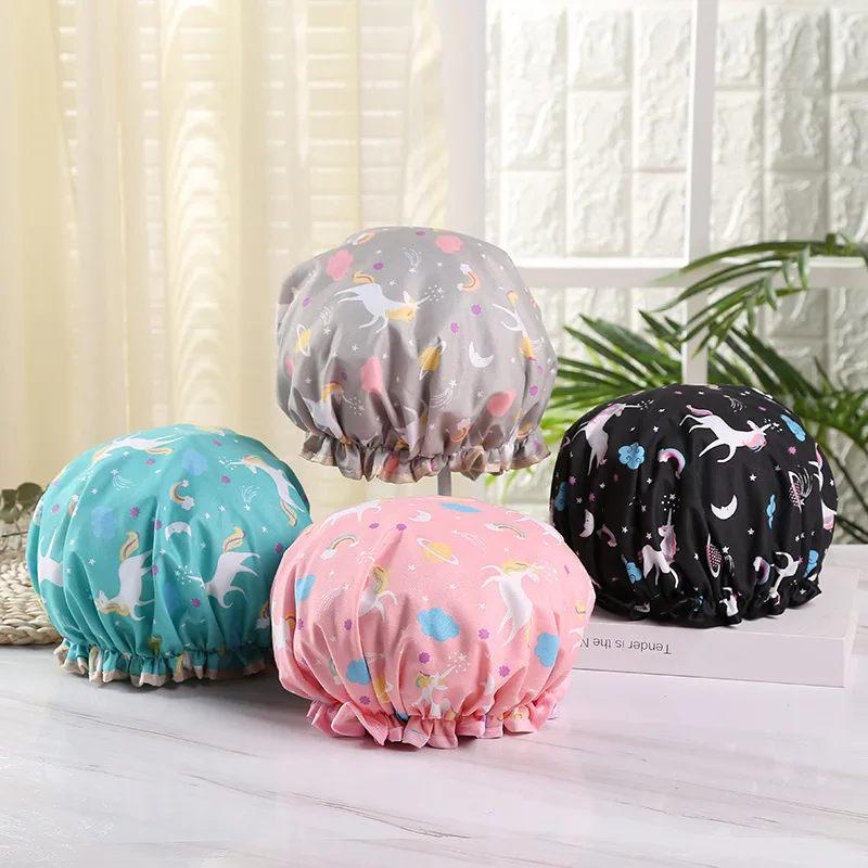 Cartoon Printed Waterproof Shower Caps Cozy Elastic Pvc Double-Layer Shower Head Cover Kitchen Hotel Smoke-Proof Wrap Bonnets