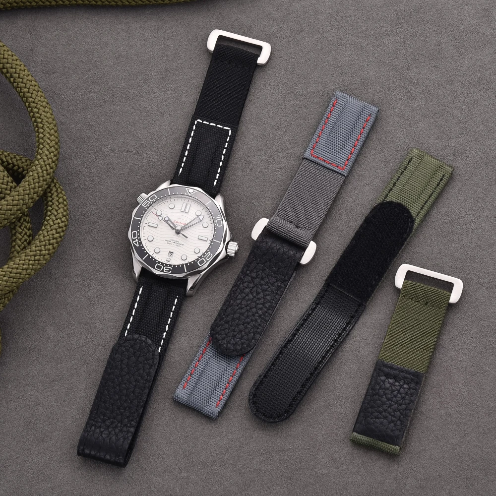 New Design Canvas Hook Loop Nylon Watch Strap 20mm Leather Bracelet Watch Band Elasticity Nylon Wristband Sport Military Straps
