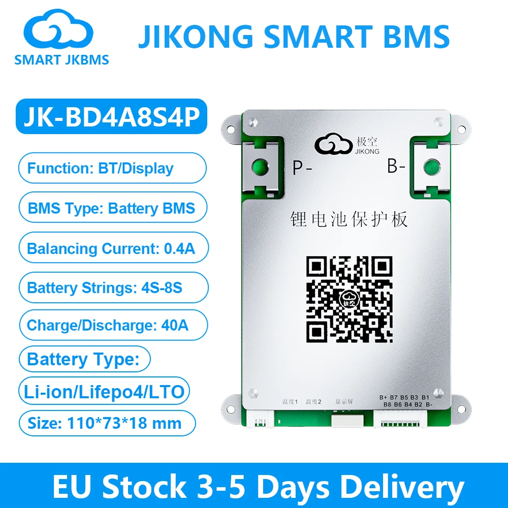 

JK BMS BD4A8S4P Smart BMS with CAN RS485 BT APP 3S~8S 12-24V 0.4A Active Balance BMS for LiFePo4 Li-ion LTO Battery Pack 40A