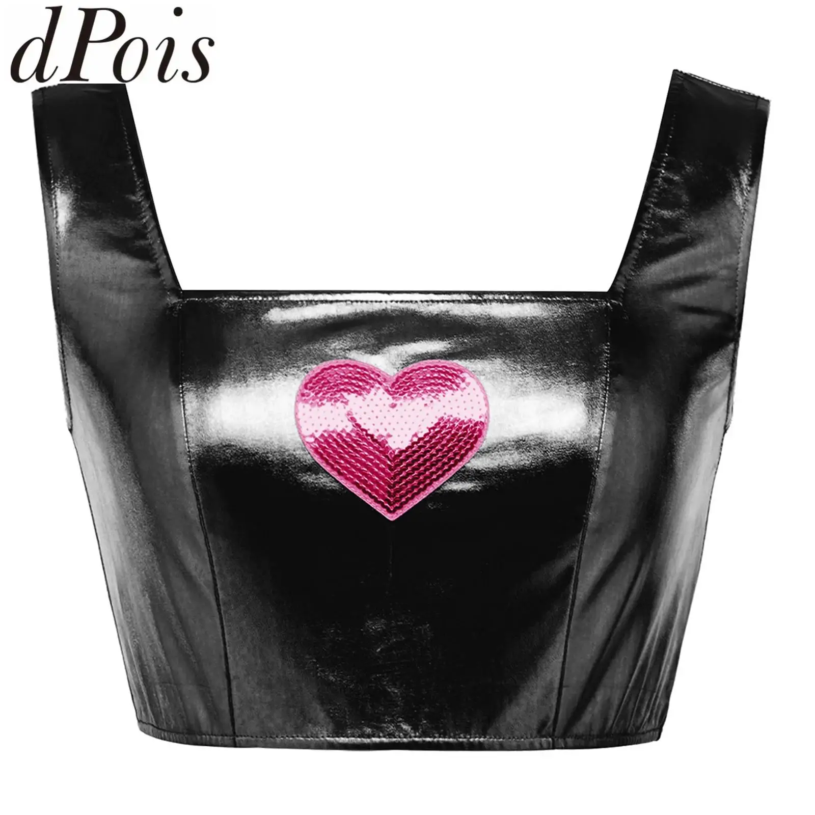 

Women Metallic Sequined Heart Cropped Top for Street Modern Dance Clubwear Shiny Square Neck Sleeveless Tank Top Rave Party Vest