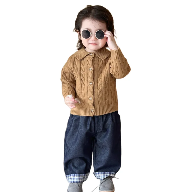 Children Knitted Cardigan Advanced Gray Autumn Winter  Winter Clothes Baby Clothes Stylish Lapel Sweater Simple Daily Routine
