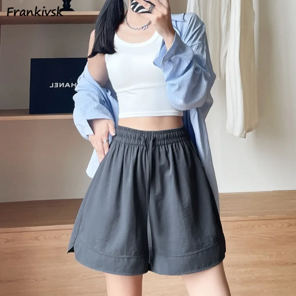 

Women Solid Colors Shorts Simple Summer All-match Side-slit Sporty Loose Elastic Waist Korean Style Basic New Breathable Daily