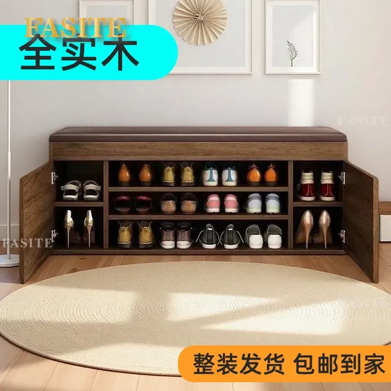 For Solid Wood Shoe Cabinet Storage Bench Multi-functional Entryway Shoe Rack with Seat Household Door Shoe Change Stool