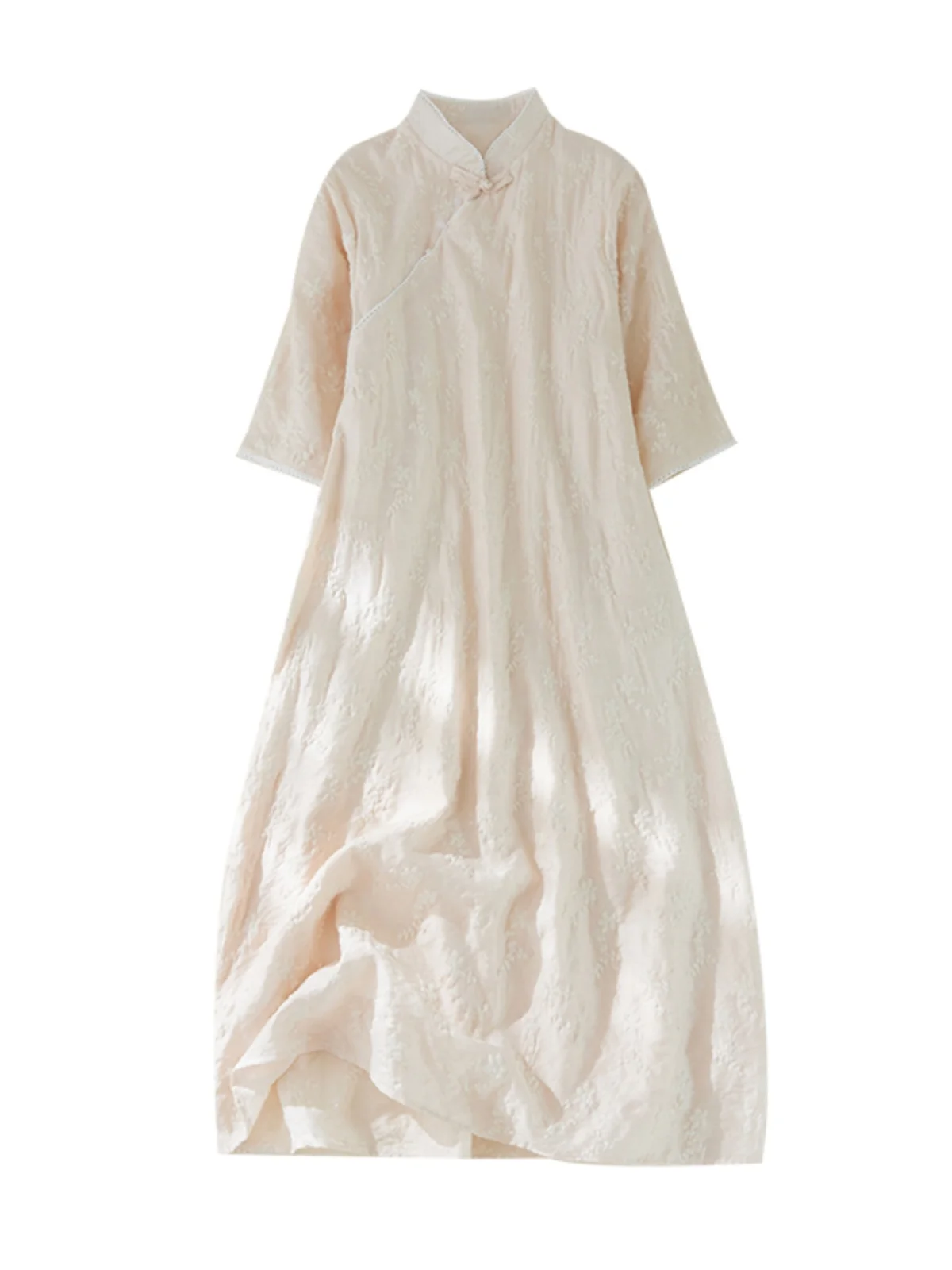 Retro bordado algodão lin qipao dr dupla camada algodão lin tecido botão lateral saia linha a longo sve verão dr